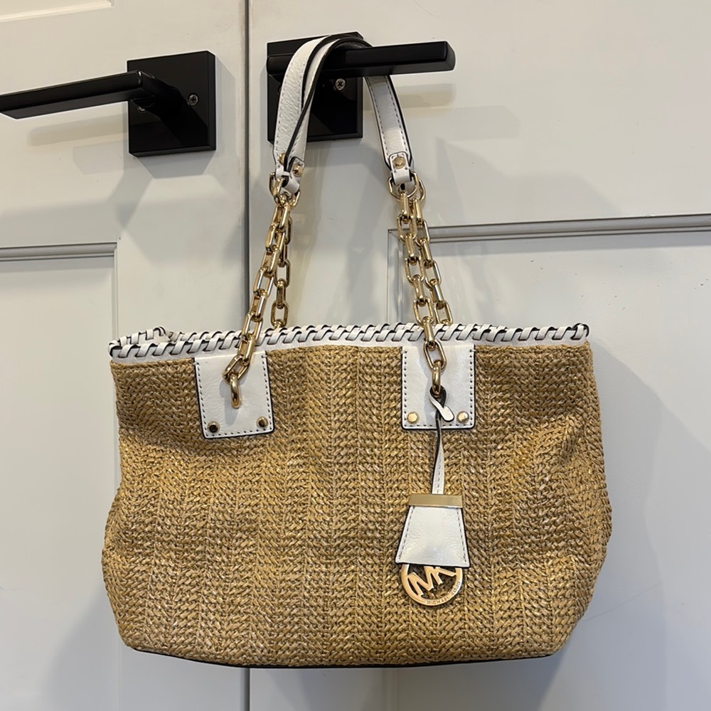 Michael Kors Rosalie Tan and White Woven Tote Bag